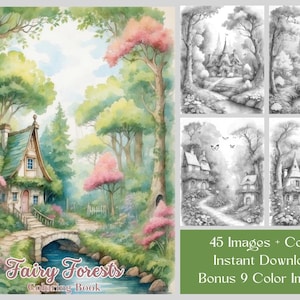 Op de afbeelding: Een aquarel illustratie van een kleurboekcover van een sprookjesbos. De afbeelding toont een huisje met een groen dak, een stenen brug over een beek en bomen met roze en groene bladeren. De tekst "Fairy Forests Coloring Book" is zichtbaar.