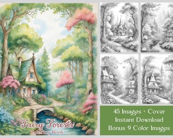 Kleurboek Fairy Forest: 45 grijstinten Fantasy Cottage-pagina's (digitale download)