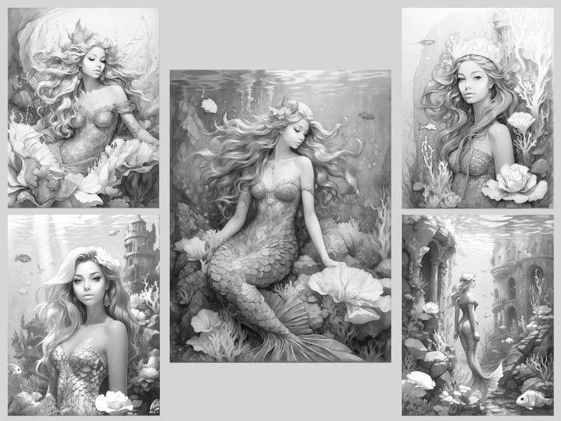 Mermaids Coloring Book: 30 Fantasy Grayscale Pages, Ocean Life, Printable PDF image 5