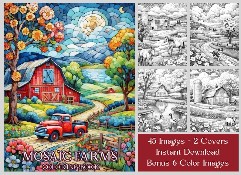 45 Landscape Coloring Pages, Mosaic Farms Fantasy Coloring Book PDF, Grayscale Printable Farmland,  Animal Coloring Book For Adults & Kids.