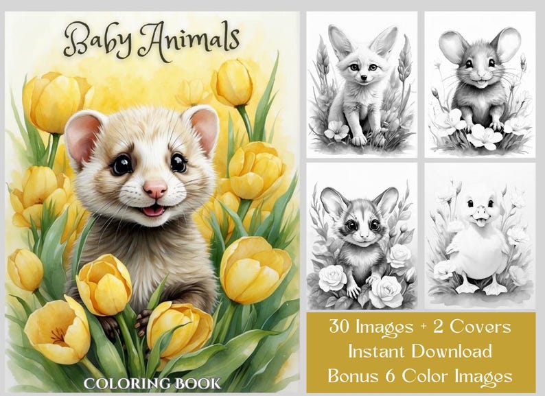Baby Animals Coloring Book: 30 Grayscale Coloring Pages, Printable PDF, Digital Download image 1