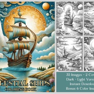 35 Fantasy Malseiten, Verträumte Himmlische Schiffe Malbuch PDF, Graustufen druckbare Fantasy Landschaft Malbuch für Erwachsene und Kinder