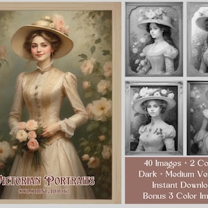 40 Victorian Portraits Coloring Pages, Elegant Paintings of Victorian Women, Printable PDF Grayscale Women Portraits Adult Coloring Book
