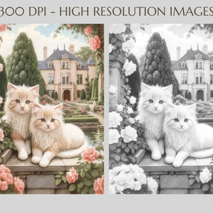 May include: Two white kittens with orange markings sit on a stone wall in a garden setting. The kittens are looking at the camera. There is a large house in the background, and a pond with water lilies.