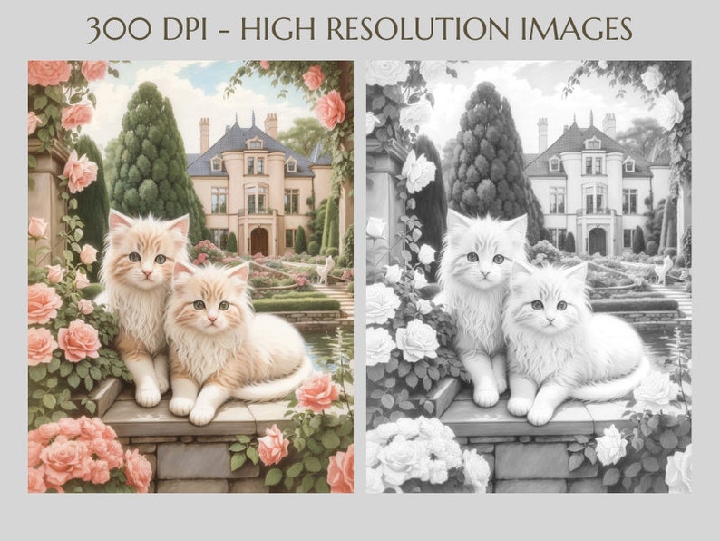 May include: Two white kittens with orange markings sit on a stone wall in a garden setting. The kittens are looking at the camera. There is a large house in the background, and a pond with water lilies.