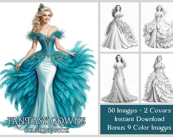 50 Fantasy Gowns Coloring Pages, Women In Elegant Dresses Coloring Book PDF, Grayscale Printable Dress Coloring, Feathered & Floral Gowns