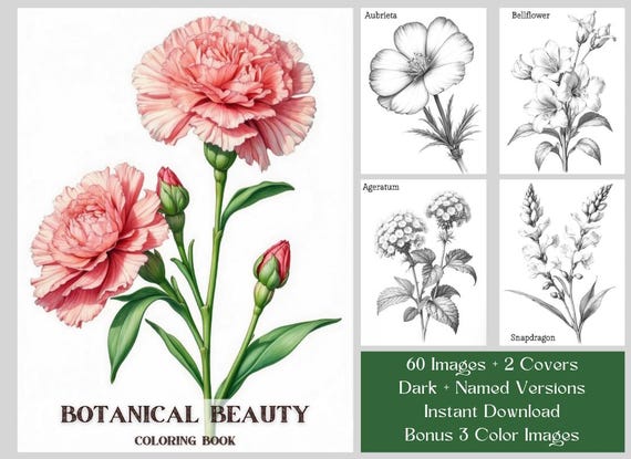 Botanical Grayscale Coloring Book: 60 Floral Designs, Printable PDF Pages, Instant Download