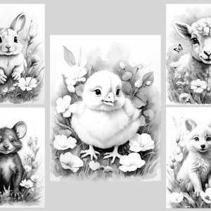 May include: Five black and white illustrations of baby animals in a field of flowers. The animals are a rabbit, a chick, a lamb, a mouse, and a fox.