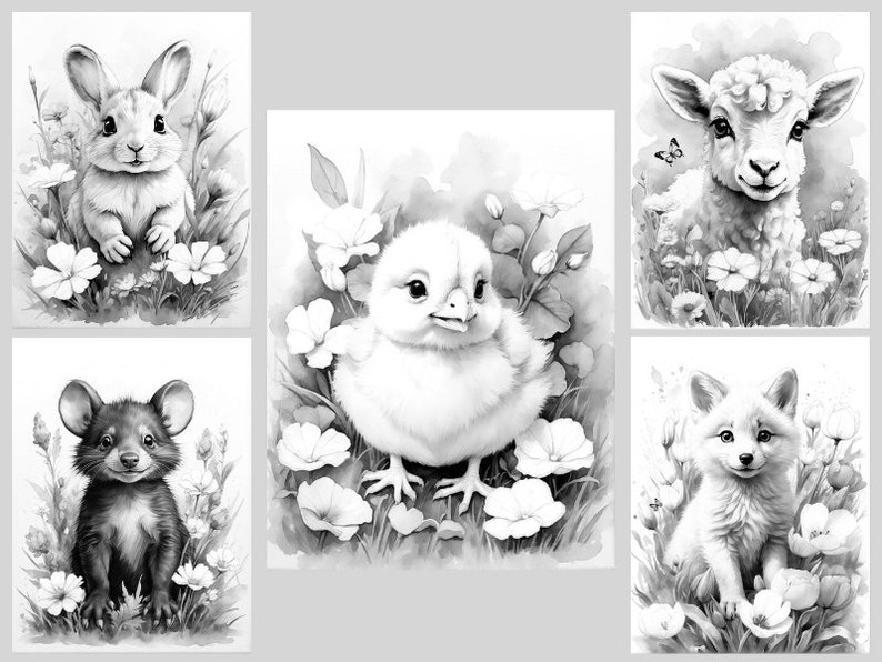May include: Five black and white illustrations of baby animals in a field of flowers. The animals are a rabbit, a chick, a lamb, a mouse, and a fox.