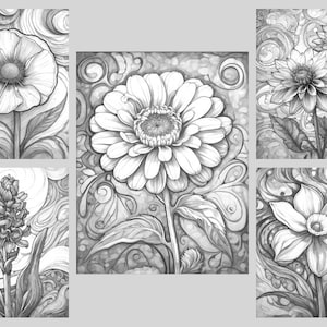 May include: Five black and white illustrations of different flowers. Each flower is drawn in a detailed, realistic style with swirling patterns in the background.