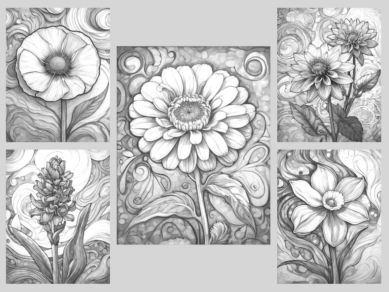 May include: Five black and white illustrations of different flowers. Each flower is drawn in a detailed, realistic style with swirling patterns in the background.