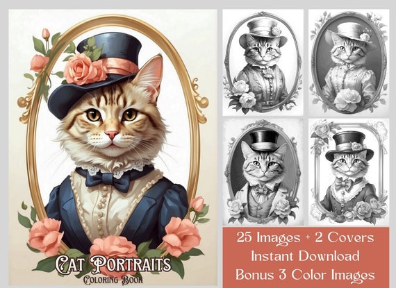 25 Cat Coloring Pages - Cat Portraits Fantasy Coloring Book - Printable Grayscale Cat Coloring Book  - Adults & Kids Coloring Book PDF