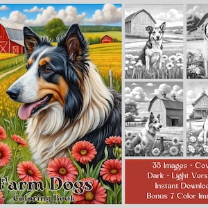 35 Dog Coloring Pages, Adorable Farm Dogs Adult Coloring Book, Printable Grayscale PDF Coloring Pages, Farm Coloring, Landscape Coloring