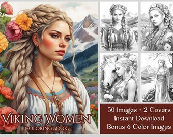 50 Viking Women Grayscale Coloring Book, Printable Adult Coloring Pages, Grayscale Illustration, Beautiful Women Coloring, Instant Download