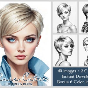 40 páginas para colorear de cortes de duendecillo, libro para colorear de peinados cortos, hojas para colorear de peinados en escala de grises imprimibles, hojas para colorear de ilustraciones de cabello en formato PDF