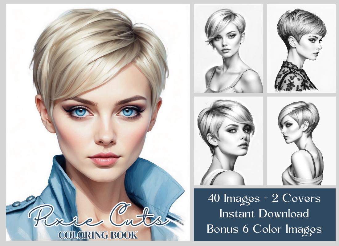 40 Pixie Cuts Coloring Pages, Short Hairstyles Coloring Book, Printable Grayscale Hairstyle Coloring, Hair Illustration Coloring Sheets PDF