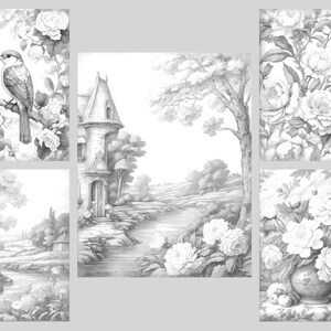 May include: A black and white pencil drawing of a cottage with a winding path leading to a river. The drawing is divided into five sections, each depicting a different part of the scene. The top left section shows a bird perched on a branch of a flowering bush. The top right section shows a close-up of a flowering bush. The bottom left section shows a tree by a river. The bottom right section shows a vase of flowers. The center section shows the cottage and the path leading to the river.