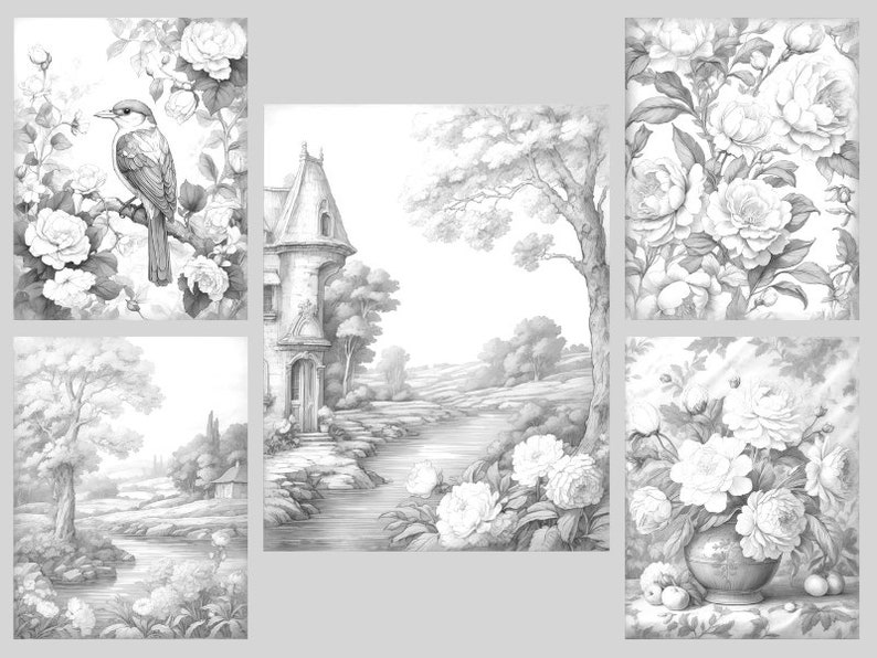 May include: A black and white pencil drawing of a cottage with a winding path leading to a river. The drawing is divided into five sections, each depicting a different part of the scene. The top left section shows a bird perched on a branch of a flowering bush. The top right section shows a close-up of a flowering bush. The bottom left section shows a tree by a river. The bottom right section shows a vase of flowers. The center section shows the cottage and the path leading to the river.