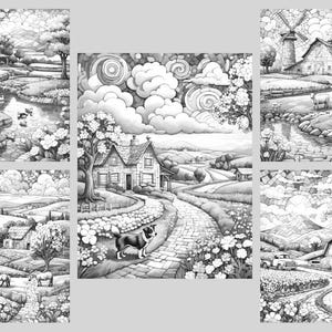 K&ouml;nnte beinhalten: Eine Schwarzwei&szlig;illustration einer l&auml;ndlichen Szene mit einer kurvigen Stra&szlig;e, H&auml;usern und B&auml;umen. Der Himmel ist mit Wolken und Wirbeln gef&uuml;llt.