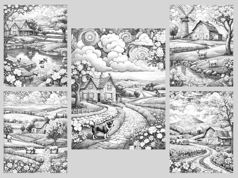 K&ouml;nnte beinhalten: Eine Schwarzwei&szlig;illustration einer l&auml;ndlichen Szene mit einer kurvigen Stra&szlig;e, H&auml;usern und B&auml;umen. Der Himmel ist mit Wolken und Wirbeln gef&uuml;llt.