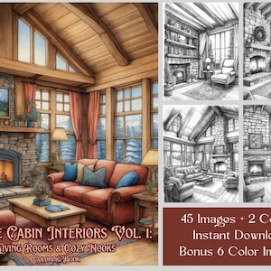 Puede incluir: Un libro para colorear con 45 imágenes de acogedores interiores de cabañas alpinas, incluyendo salas de estar y rincones acogedores. La portada presenta una ilustración de acuarela de una sala de estar con una chimenea, un sofá y grandes ventanas. El libro también incluye 2 portadas y 6 imágenes a color.  "Alpine Cabin Interiors Vol. 1: Living Rooms & Cozy Nooks Coloring Book"