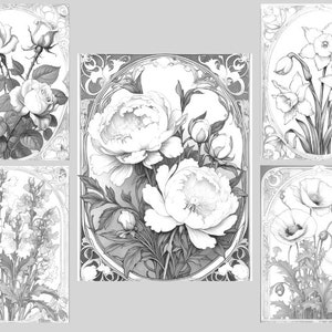 May include: Five black and white illustrations of different flowers in ornate frames. The flowers include roses, peonies, daffodils, snapdragons, and poppies.