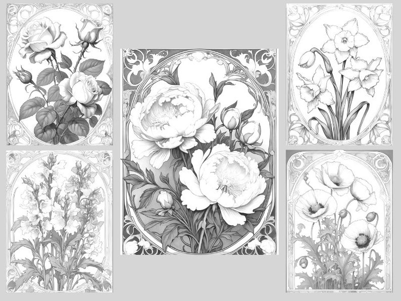 May include: Five black and white illustrations of different flowers in ornate frames. The flowers include roses, peonies, daffodils, snapdragons, and poppies.