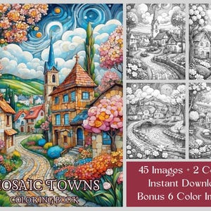 Mosaic Towns Coloring Book: 45 Fantasy Landscape Pages (Printable PDF)