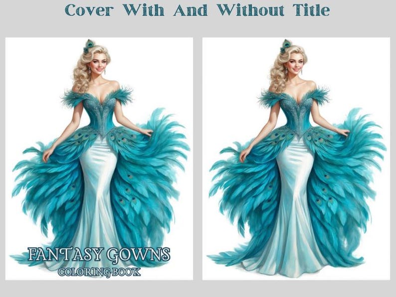 50 Fantasy Gowns Coloring Pages, Women In Elegant Dresses Coloring Book PDF, Grayscale Printable Dress Coloring, Feathered & Floral Gowns image 5
