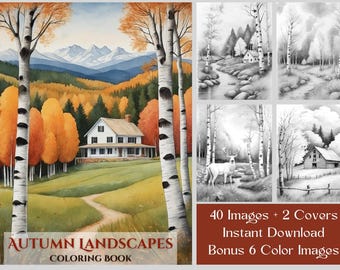 40 Landscape Coloring Pages, Autumn Landscapes Coloring Book, Printable Grayscale Autumn Nature, Farmhouse, Wildlife Adult Coloring Book