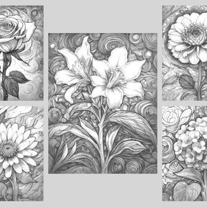 May include: Five black and white pencil drawings of different flowers. Each flower is drawn with intricate detail and is surrounded by a swirling background.
