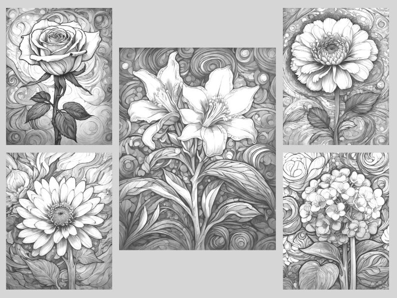 May include: Five black and white pencil drawings of different flowers. Each flower is drawn with intricate detail and is surrounded by a swirling background.