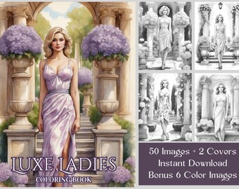 50 Beautiful Women Coloring Pages, Women In Elegant Gowns Coloring Book, Dresses Coloring, Women Coloring Book PDF, Instant Download