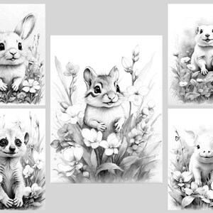 May include: Black and white illustration of five baby animals in a field of flowers. The animals include a rabbit, a chipmunk, a meerkat, a pig, and a groundhog.