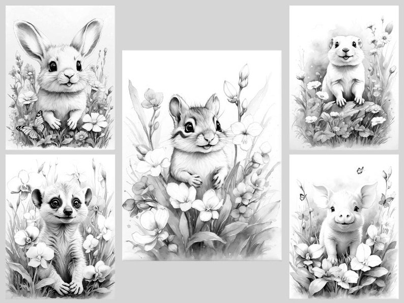 May include: Black and white illustration of five baby animals in a field of flowers. The animals include a rabbit, a chipmunk, a meerkat, a pig, and a groundhog.