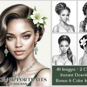 40 Beautiful Women Coloring Pages, Adult Grayscale Coloring Book PDF, Elegant Portraits Printable Adult Coloring Pages, Black Women Coloring