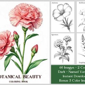 60 Botanical Flowers Coloring Book - Botanical Beauty Grayscale Floral Coloring Book - Adults and Kids - Printable Plant Coloring Pages PDF
