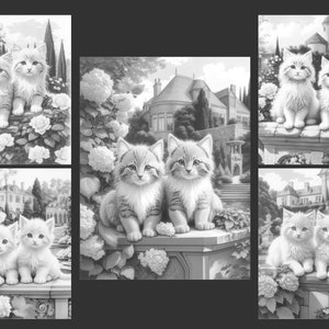 May include: A black and white illustration of six kittens in a garden setting. The kittens are sitting on stone walls and steps, surrounded by flowers and greenery. The background features a large house with a tower.