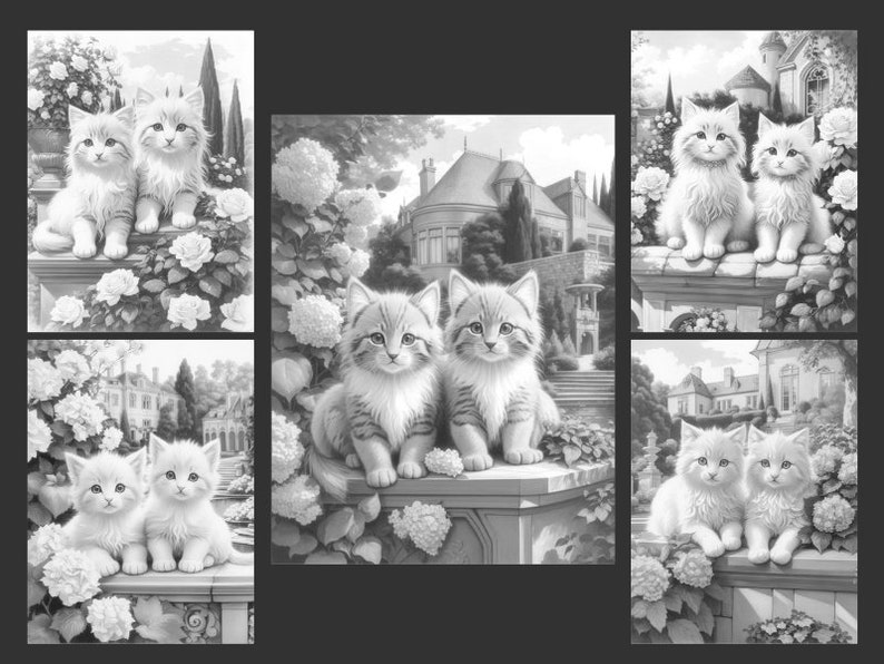 May include: A black and white illustration of six kittens in a garden setting. The kittens are sitting on stone walls and steps, surrounded by flowers and greenery. The background features a large house with a tower.