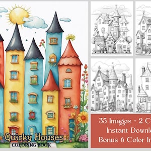 35 Quirky House Coloring Pages, Pop Art Silly Quirky House Coloring Book dla dorosłych i dzieci, Wydrukuj Grayscale Doodle House Coloring Book
