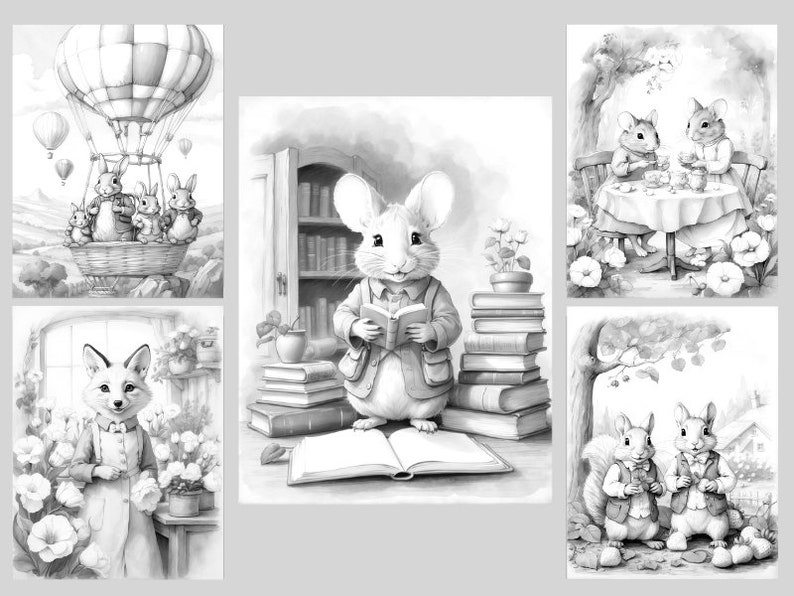 May include: Black and white illustration of a hot air balloon with four bunnies inside. The balloon is flying over a landscape with hills and clouds.