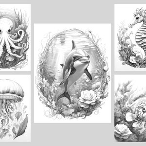 May include: A black and white illustration of six different sea creatures. The creatures include an octopus, a dolphin, a seahorse, a jellyfish, and two fish. The illustrations are surrounded by seaweed and flowers.