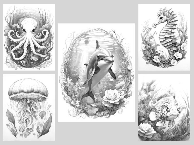 May include: A black and white illustration of six different sea creatures. The creatures include an octopus, a dolphin, a seahorse, a jellyfish, and two fish. The illustrations are surrounded by seaweed and flowers.