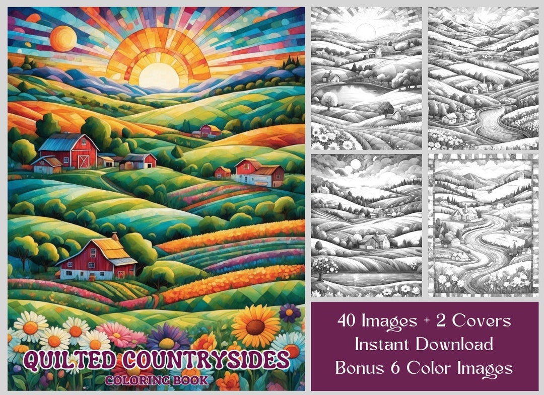 Quilted Countryside Landscape Coloring Pages: 40 Grayscale Images ...