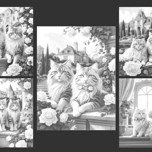 May include: A black and white illustration of five pairs of cats sitting in a garden setting. The cats are all sitting on a stone wall with roses growing around them. There is a large house in the background.