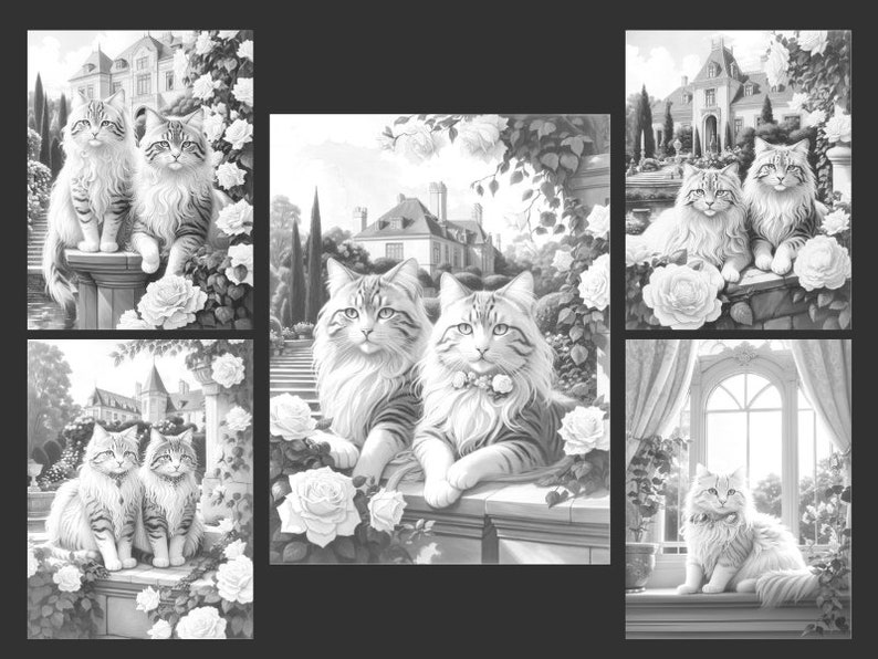 May include: A black and white illustration of five pairs of cats sitting in a garden setting. The cats are all sitting on a stone wall with roses growing around them. There is a large house in the background.