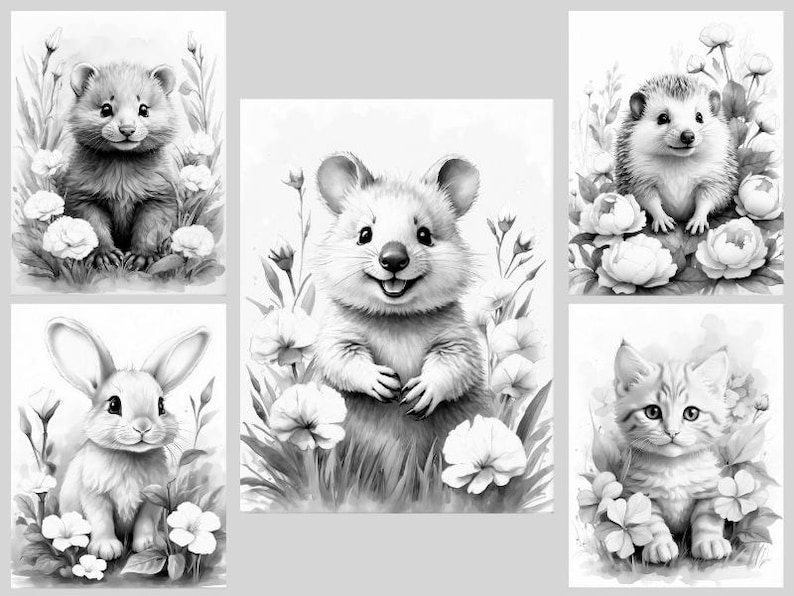 Baby Animals Coloring Book: 30 Grayscale Coloring Pages, Printable PDF, Digital Download image 5