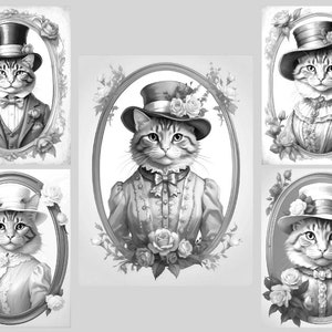 May include: Five black and white illustrations of cats wearing hats and clothing. Each cat is framed in an oval with floral accents.