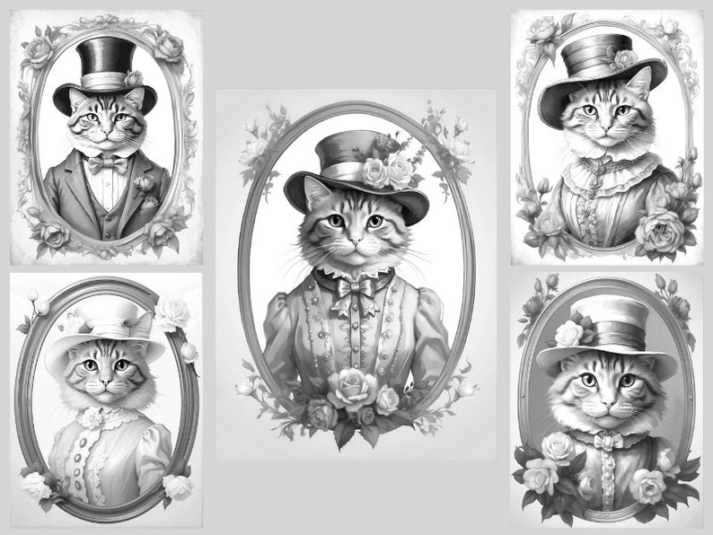 May include: Five black and white illustrations of cats wearing hats and clothing. Each cat is framed in an oval with floral accents.