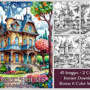 Fairytale Cottage Coloring Book: Mosaic Houses, Grayscale (Printable PDF)
